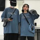 Couple Matching Lettering Long-sleeve T-shirt Blue & Washed Gray - One Size