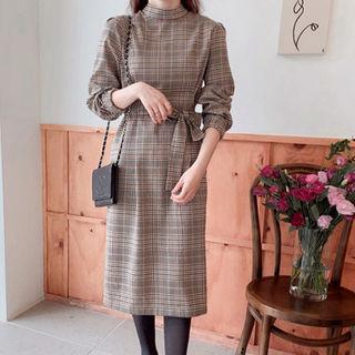 Mock-neck Tie-waist Checked Dress