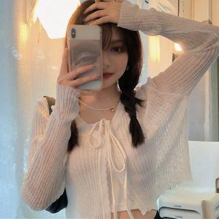 Plain Camisole / Lace Up Cardigan / Lace Trim Shorts