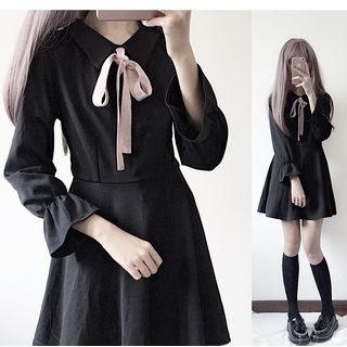 Long-sleeve Ribbon-neck A-line Dress Black - One Size