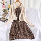 Set: Spaghetti Strap Floral Print Midi A-line Dress + Cable Knit Cardigan