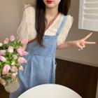 Short-sleeve Lace Blouse / Denim Overall Dress