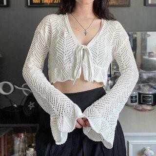 Flared-cuff Pointelle Knit Crop Cardigan