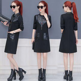 Long-sleeve Faux-leather Panel Dress
