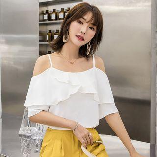 Ruffle Cold Shoulder Elbow-sleeve Top