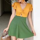 Short-sleeve Ruffled Knotted Color Block Swimdress