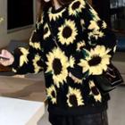 Faux Shearling Sunflower Print Pullover As Shown In Figure - One Size