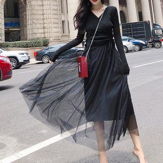Set: V-neck Drawstring Knit Top + Mesh Panel Maxi Slipdress
