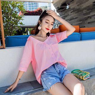 Plain V-neck Short-sleeve Shirt