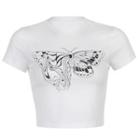 Cap-sleeve Butterfly Print Cropped T-shirt