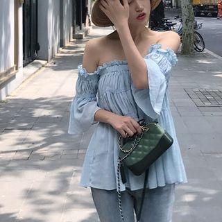 Elbow-sleeve Cold Shoulder Top Blue - One Size