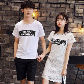 Lettering T-shirt / Shorts / Short-sleeve Lace Dress