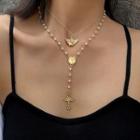 Set Of 2: Angel Choker +faux Pearl Alloy Cross Pendant Necklace Gold - One Size