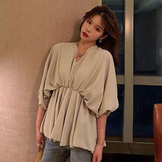Balloon-sleeve V-neck Chiffon Top Pea Green - One Size