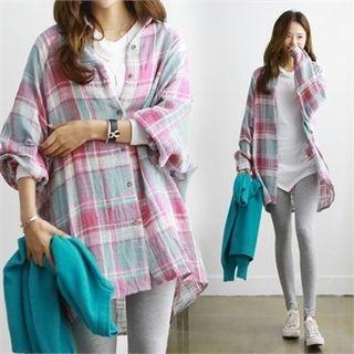 Batwing-sleeve Long Plaid Shirt