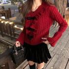 Long-sleeve Frill Trim Bow Knit Top / Mini A-line Skirt