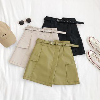 Faux-leather Asymmetric Mini Skirt With Belt