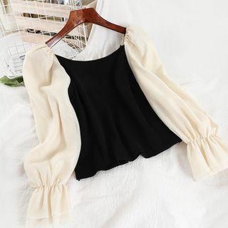 Long-sleeve Paneled Blouse Black - One Size