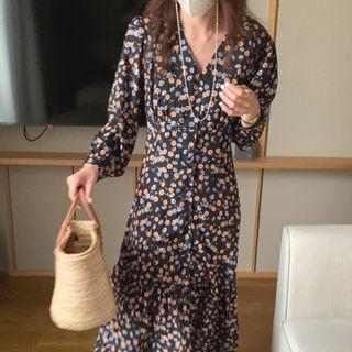 Long-sleeve V-neck Floral Chiffon Dress Skirt - One Size