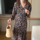 Long-sleeve V-neck Floral Chiffon Dress Skirt - One Size