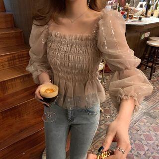 Square-neck Chiffon Long-sleeve Shirt Almond - One Size