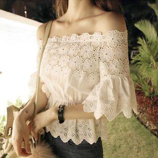 Elbow-sleeve Off-shoulder Cropped Top