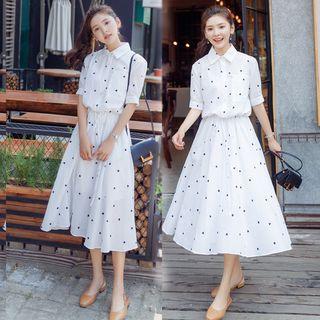 Short-sleeve Heart Pattern Midi A-line Dress