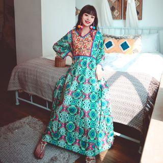 V-neck Color Block Print Maxi A-line Dress