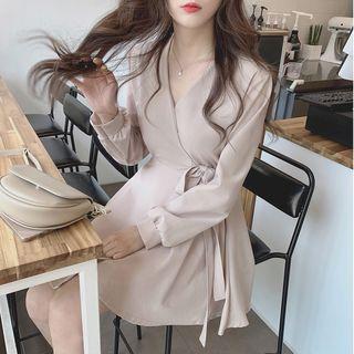 V-neck Long-sleeve Wrap Mini A-line Dress