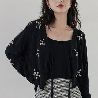 Set: Knit Camisole Top + Floral Embroidered Cardigan