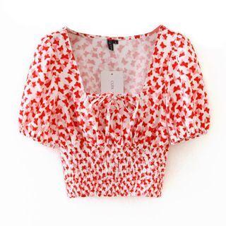 Balloon-sleeve Butterfly Print Cropped Blouse