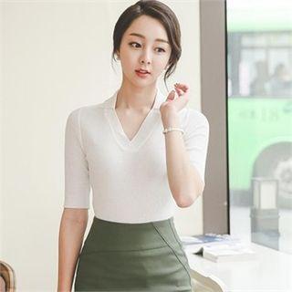 V-neck Elbow-sleeve Ribbed Top