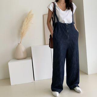Zip-up Wide Overall Jeans Dark Blue - One Size