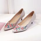 Faux Leather Embroidered Kitten Heel Pumps