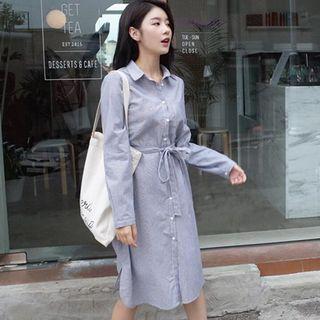 Long Sleeve Pinstriped Tie-waist Shirtdress