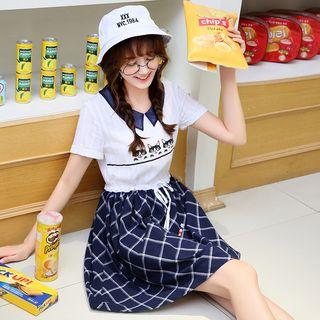 Dog Print Window Pane Collared Short Sleeve Dress