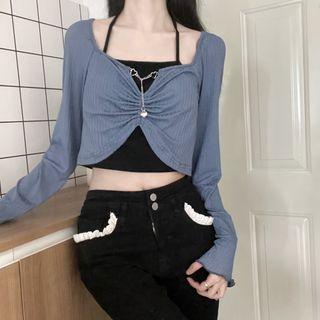 Long-sleeve Heart Chain Crop Top / Halter Camisole Top