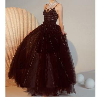 Rhinestone Spaghetti Strap A-line Evening Gown