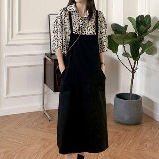 Set: Short-sleeve Leopard Print Shirt + Midi Overall Dress