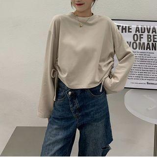 Drawstring Plain Long-sleeve T-shirt
