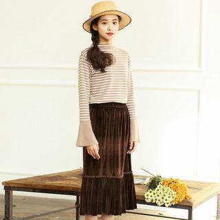 Velvet Pleated Panel Midi Skirt