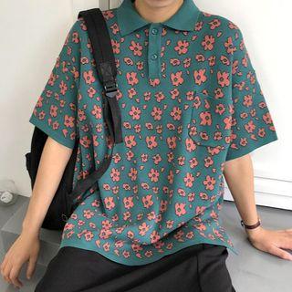 Elbow-sleeve Floral Polo Shirt
