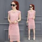 Set: Lace Cap Sleeve Top + Side Slit A-line Skirt