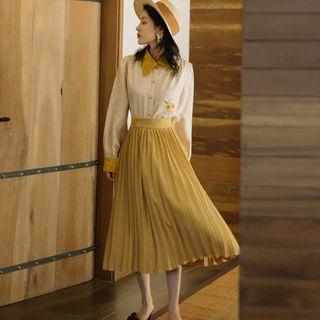 Set: Cherry Embroidered Shirt + Accordion Pleat Midi Skirt