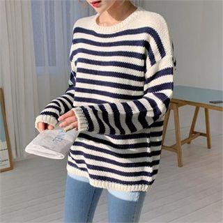 Crew-neck Striped Knit Top White - One Size