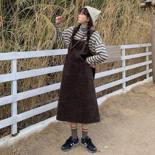 Striped Long-sleeve T-shirt / Corduroy Midi Jumper Dress