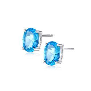 Sterling Silver Fashion Simple Geometric Oval Blue Cubic Zirconia Stud Earrings Silver - One Size