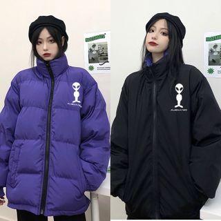 Alien Print Zip Padded Coat Black & Purple - One Size