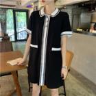 Color Panel Polo Neck Short Sleeve Dress Black - One Size