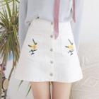Flower Embroidered Buttoned A-line Denim Skirt